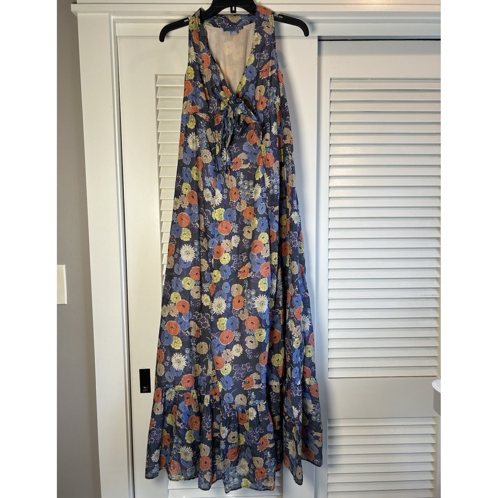 Lil Womens Size 0 Blue/Multicolor Floral Sleeveless V-Neck Tie Maxi Dress